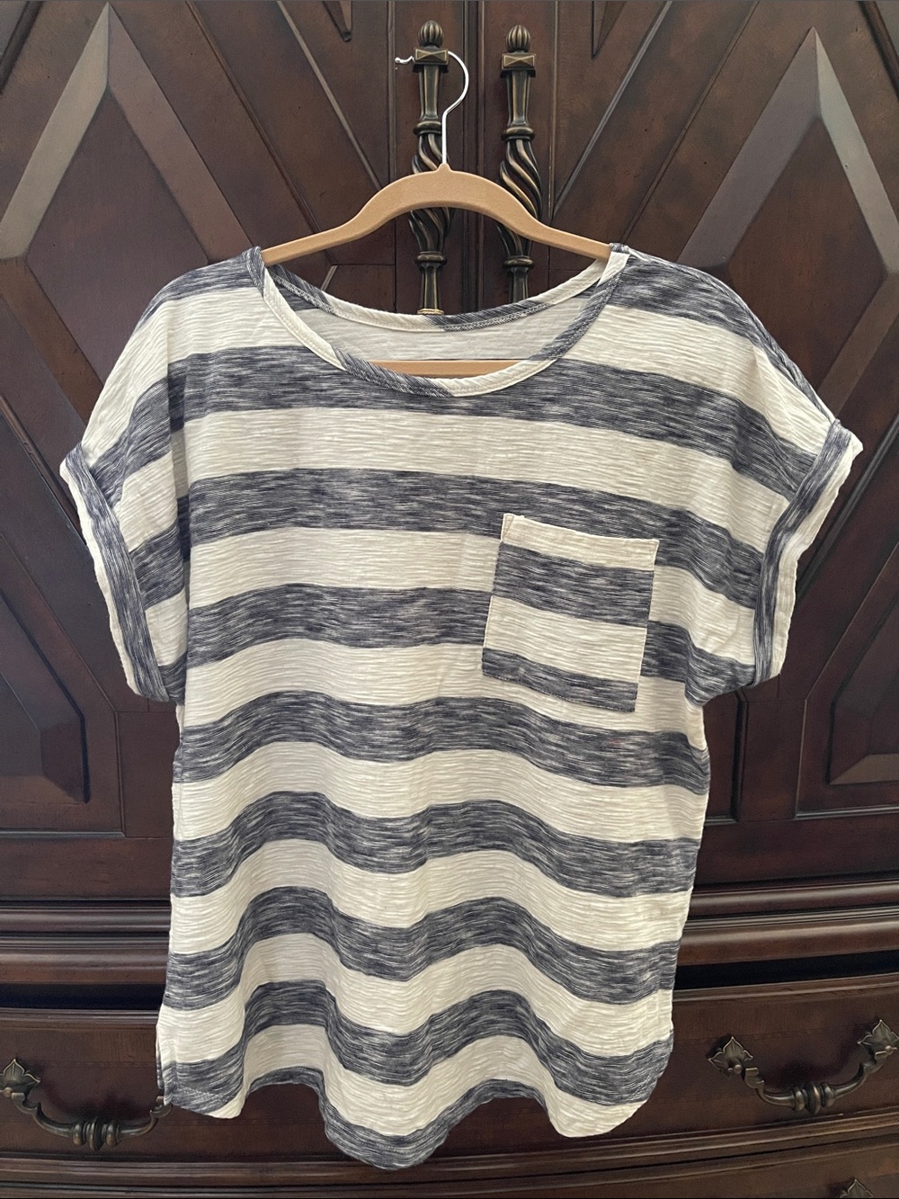 Merona blue and white striped slub cotton shirt with front chest pocket XXL